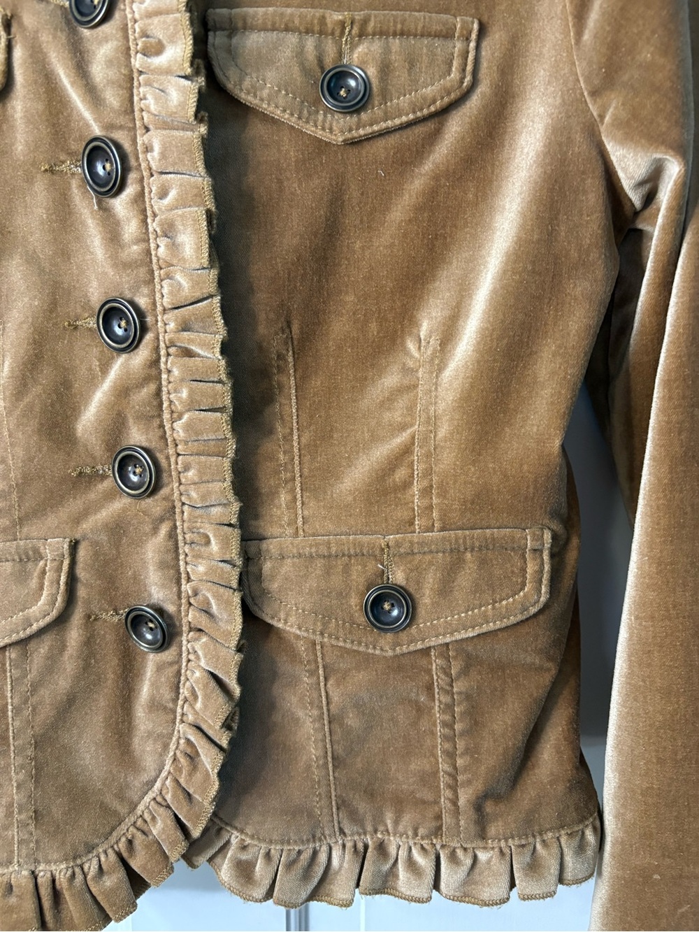 Tyler Boe Ruffle-Trim Velvet Jacket in Camel - Picture 3 of 6